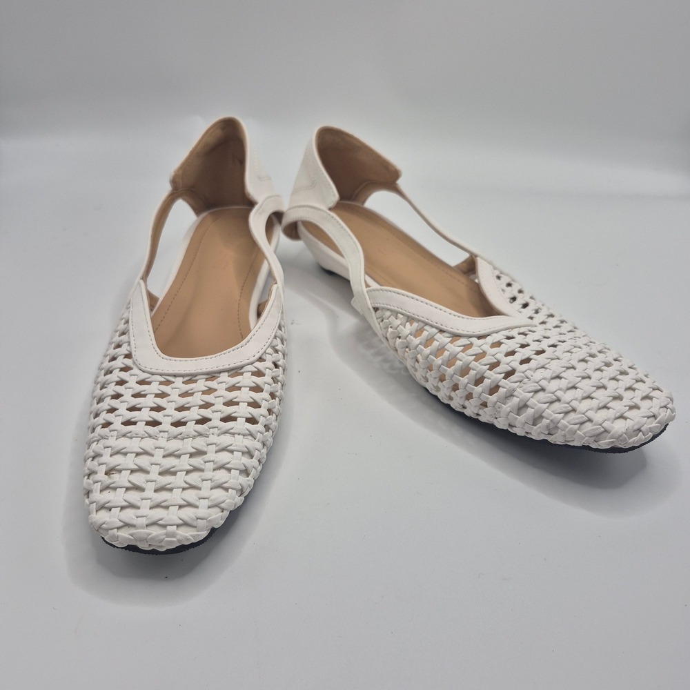 Aoyafei Womens White Woven Square Toe D'Orsay Flats Shoes Size 38 Gold Hardware